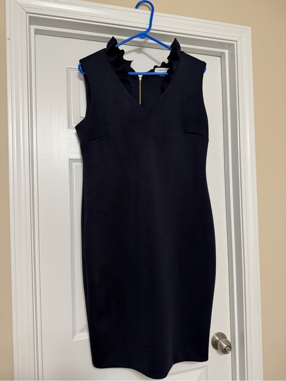 Calvin Klein Navy Sheath Dress with Ruffle V-Neck